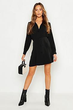 Boohoo Button Through Volume Sleeve Smock Dress
