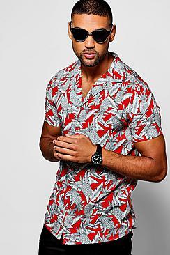 Boohoo Red Pineapple Print Short Sleeve Revere Shirt
