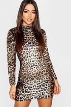 Boohoo High Neck Long Sleeve Leopard Velvet Mini Dress