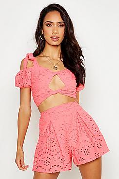 Boohoo Tie Detail Twist Front Volume Sleeve Broderie Top