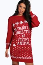 Boohoo Lara Filthy Animal Christmas Jumper Dress Red