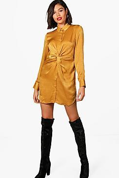 Boohoo Twist Front Hammered Satin Shirt Dress