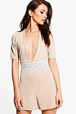 Boohoo Carey Crochet Trim 3/4 Sleeve Playsuit