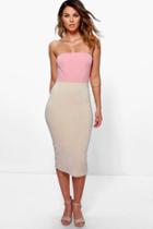 Boohoo Daphne Bandeau Colour Block Detail Midi Dress Peach