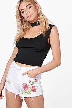 Boohoo Rania White Embroidered Denim Hot Pants