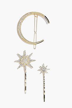 Boohoo Betsy Diamante Moon & Stars Hair Grips 3pk