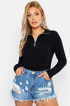 Boohoo Plus Washed Pastel Rib Zip Detail Top