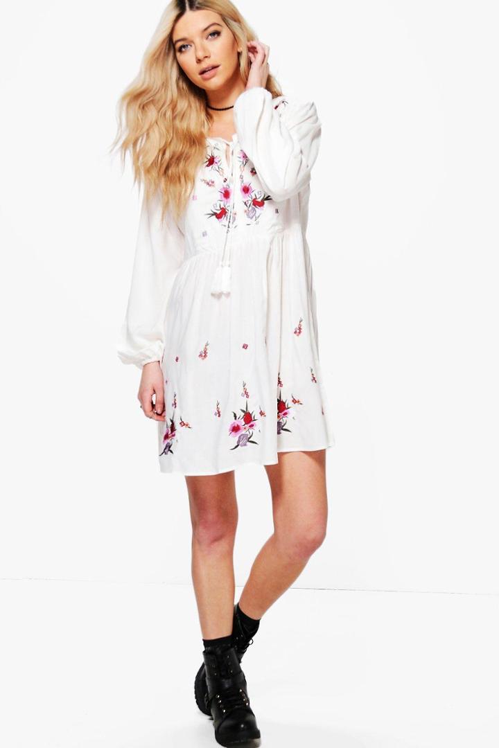 Boohoo Lottie Embroidered Smock Dress White