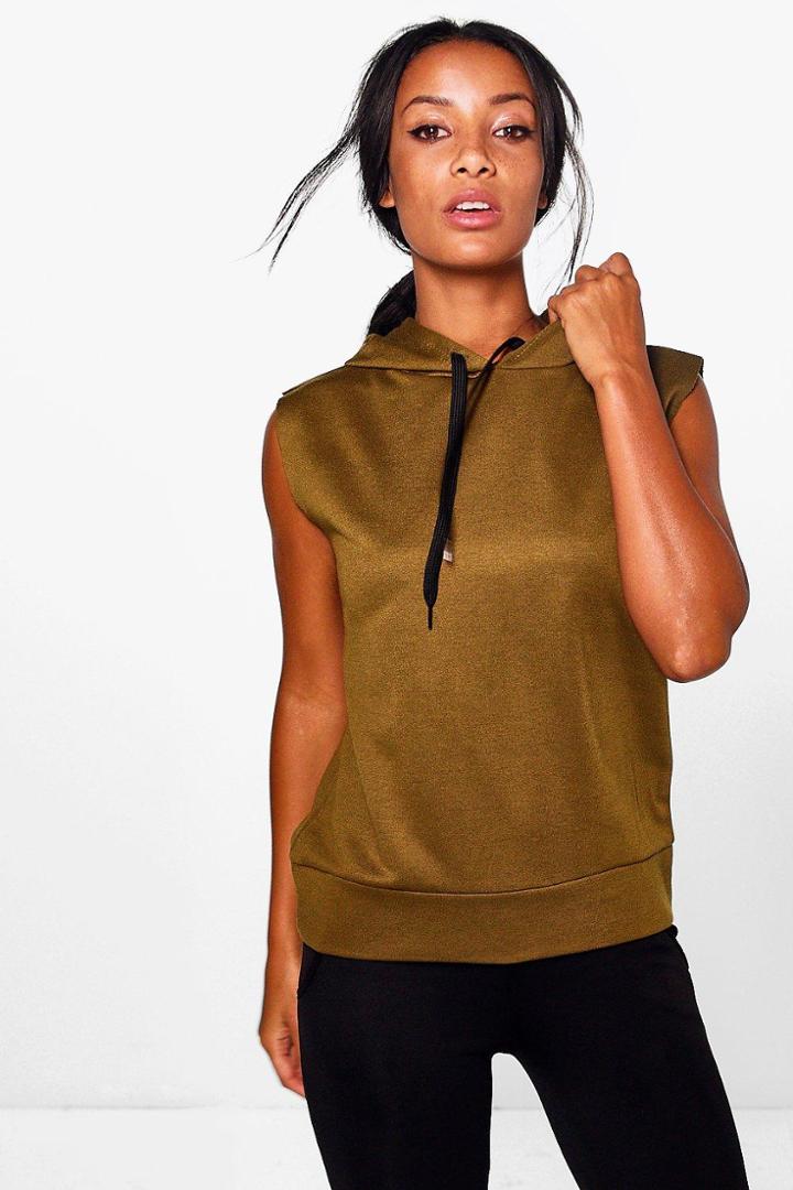 Boohoo Holly Fit Running Hooded Tank Sweat Khaki