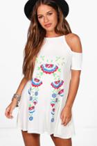 Boohoo Petite Loren Printed Cold Shoulder Swing Dress Ivory