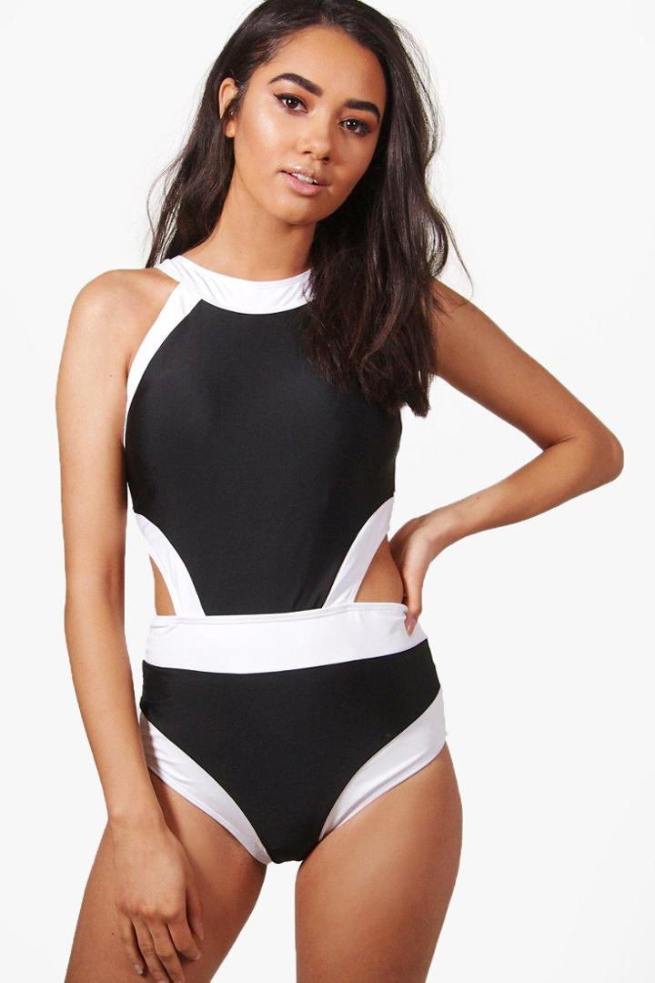 Boohoo Petite Zoe Colour Block Cut Out Detail Bathing Suit Black