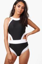 Boohoo Petite Zoe Colour Block Cut Out Detail Bathing Suit Black