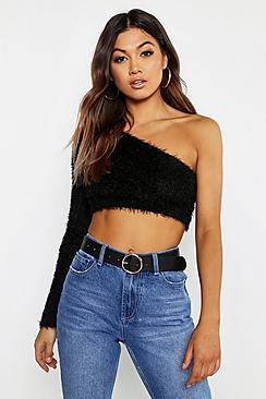 Boohoo One Shoulder Fluffy Knit Jumper