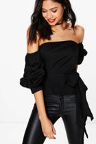 Boohoo Samantha Tie Waist Ruched Sleeve Bardot Top Black