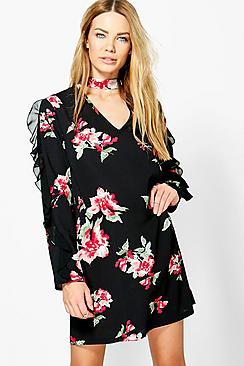Boohoo Melody Floral Ruffle Tie Neck Shift Dress