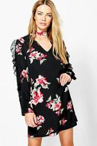 Boohoo Melody Floral Ruffle Tie Neck Shift Dress