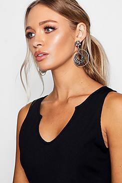 Boohoo Filigree And Stone Hoop Earrings