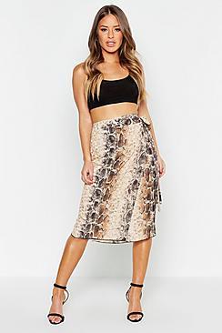 Boohoo Petite Snake Print Woven Wrap Midi Skirt