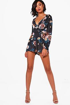 Boohoo Sarah Floral Wrap Tee Style Playsuit