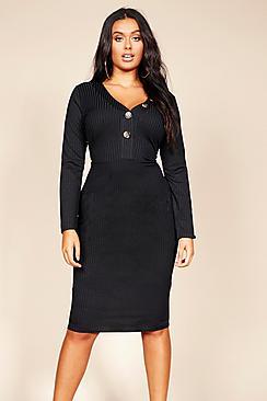 Boohoo Plus Jumbo Rib Horn Button Midi Dress