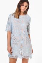 Boohoo Fasia Crochet Lace Short Sleeve Shift Dress Sky