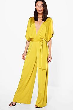 Boohoo Ana Plunge Kimono Style Wide Leg Jumpsuit