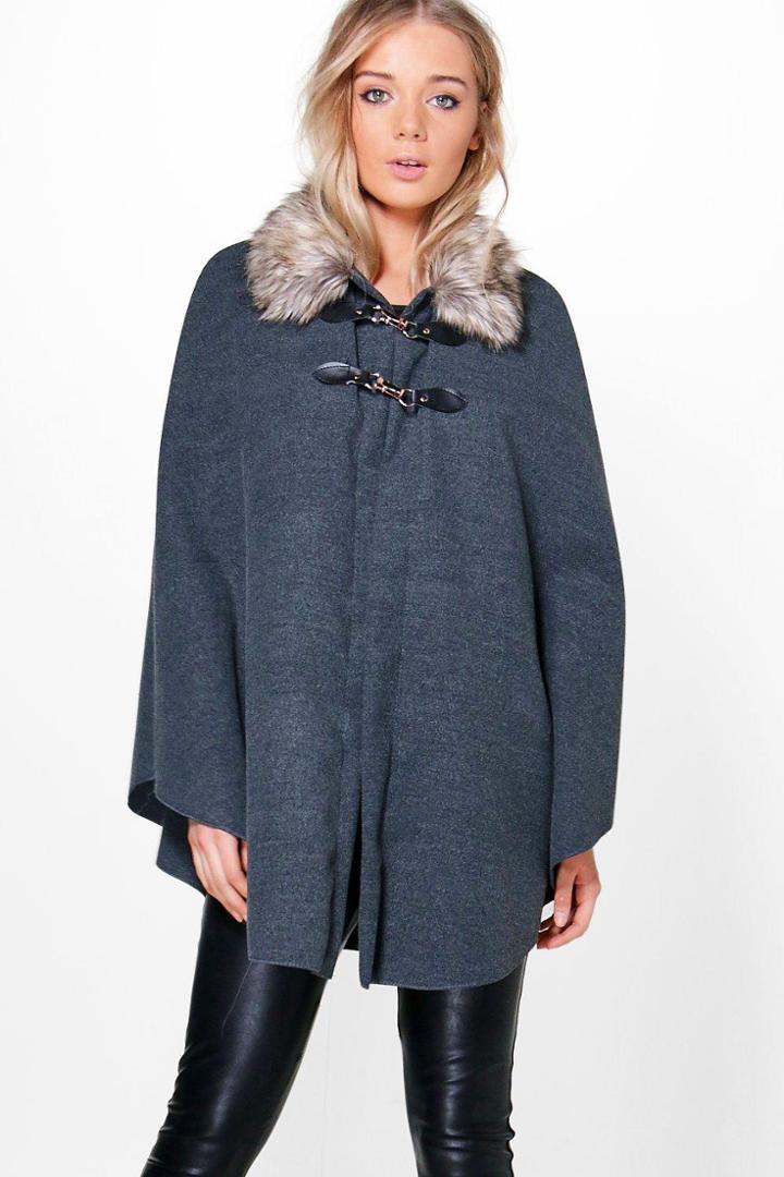Boohoo Julia Faux Fur Collar Wool Look Cape Grey