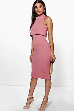 Boohoo High Neck Double Layer Midi Dress
