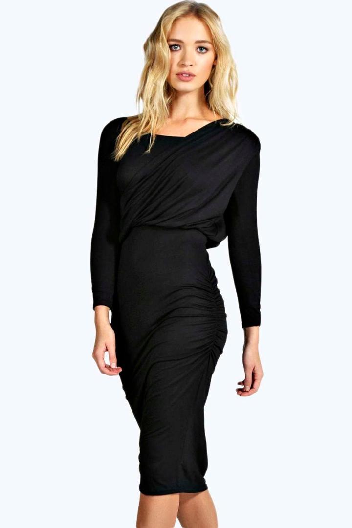 Boohoo Sana Drape Shoulder Midi Dress Black