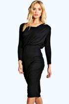 Boohoo Sana Drape Shoulder Midi Dress Black