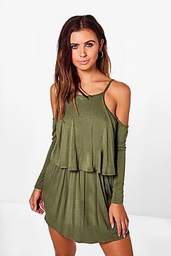Boohoo Petite Nina Cold Shoulder Frill Long Sleeve Dress