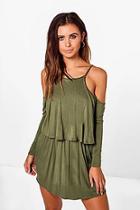 Boohoo Petite Nina Cold Shoulder Frill Long Sleeve Dress