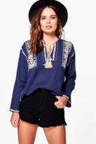 Boohoo Anna Aztec Embroidered Smock Top Marine