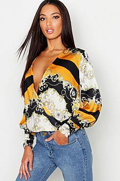 Boohoo Woven Chain Print Wrap Blouse