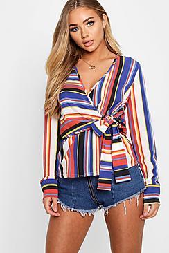 Boohoo Harriet Stripe Tie Front Wrap Blouse