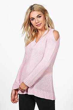 Boohoo Leah Cold Shoulder V-neck Jumper