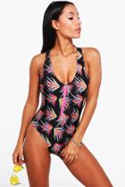 Boohoo Costa Rica Tropical Palm Zip Bathing Suit Multi
