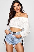Boohoo Harmony Broderie Frill Sleeve Bardot Crop