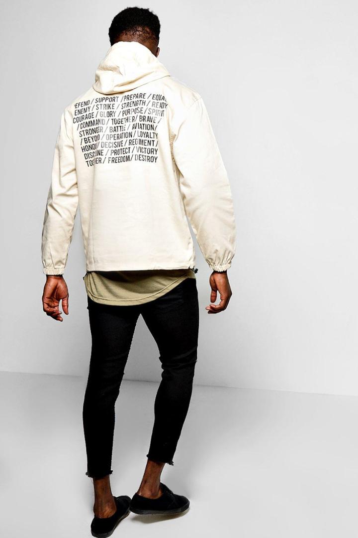 Boohoo Front Pocket Over The Head Jacket With Back Print Khaki