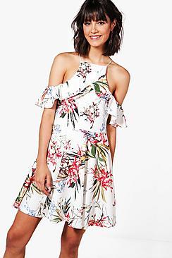 Boohoo Josie Flora Frill Cold Shoulder Skater Dress