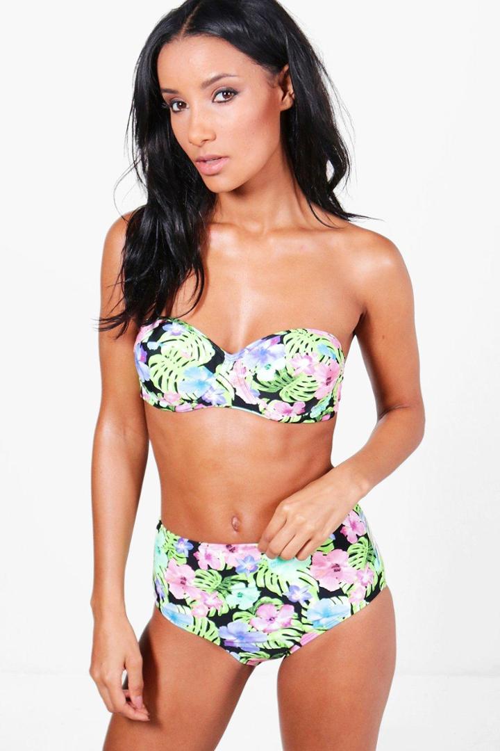Boohoo Katie Neon Tropic Underwired Bandeau Bikini Multi