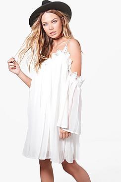 Boohoo Kitty Pleated Cold Shoulder Swing Dress
