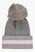 Boohoo Stripe Detail Faux Fur Pom Beanie