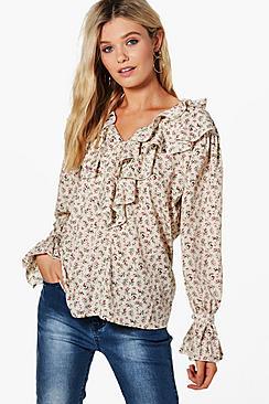 Boohoo Lauren Floral Ruffle Blouse