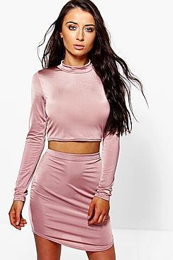 Boohoo Rose Curved Hem Slinky Mini Skirt And Crop Top