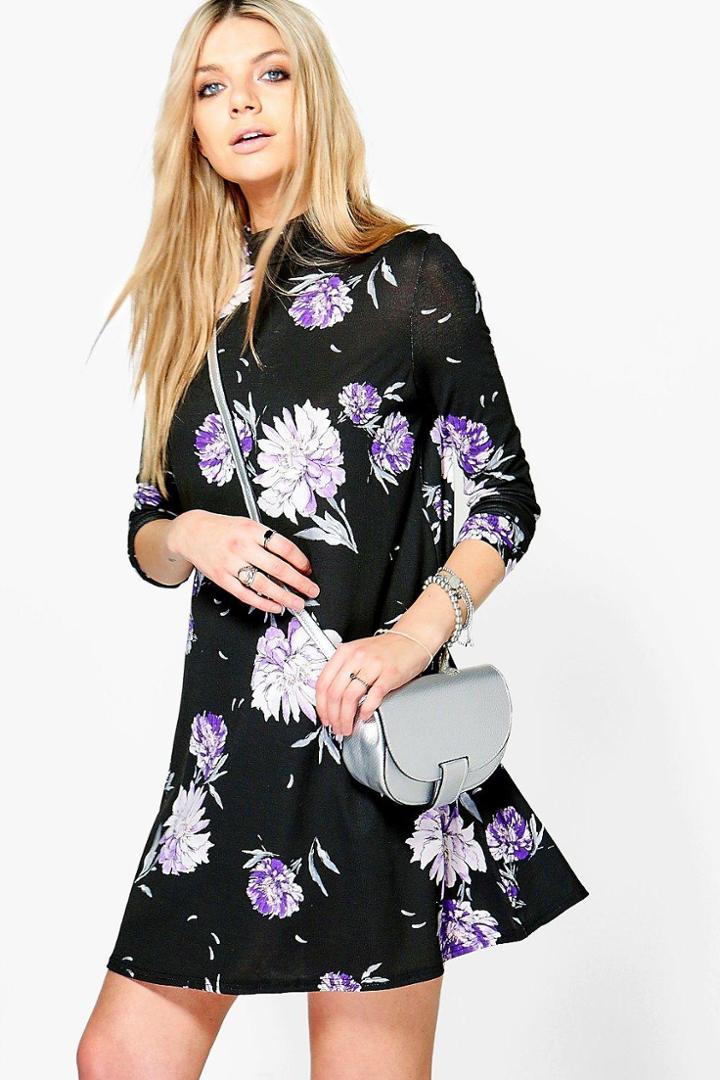 Boohoo Fiona Floral High Neck Swing Dress Black