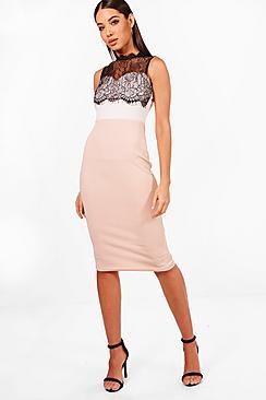 Boohoo Rose Lace Trim Midi Dress