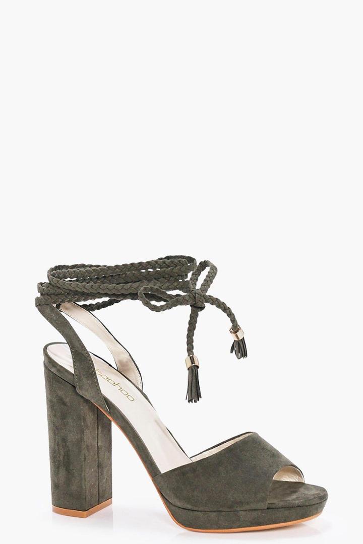 Boohoo Beatrice Plaited Wrap Strap Platform Heels Khaki