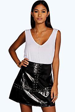 Boohoo Minerva Studded A Line Leather Look Mini Skirt