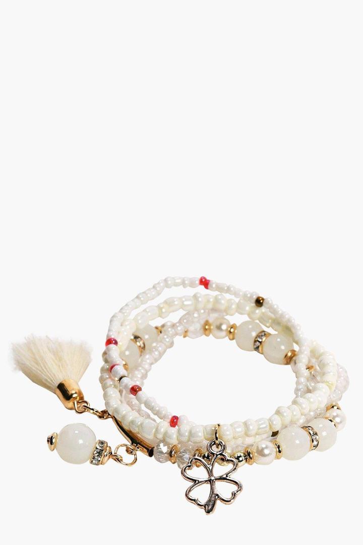 Boohoo Alexis Beaded Tassel Bracelet Pack Cream
